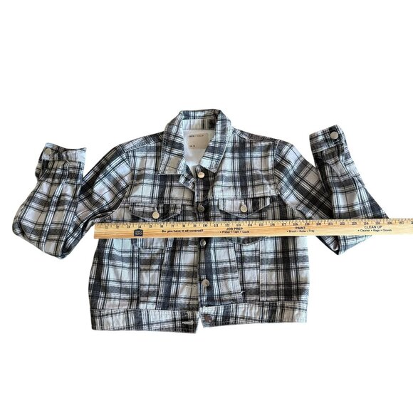 ASOS Black & White Plaid Denim Jacket Size US 8 / UK 12 | Cropped Button Front - Picture 3 of 7